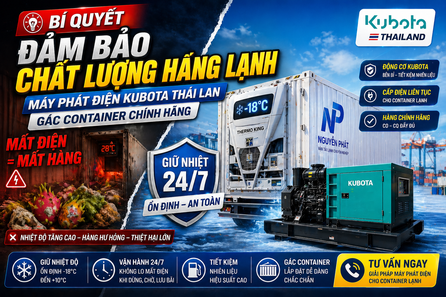 BÍ QUYẾT ĐẢM BẢO CHẤT LƯỢNG HÀNG LẠNH: MÁY PHÁT ĐIỆN KUBOTA THÁI LAN GÁC CONTAINER CHÍNH HÃNG